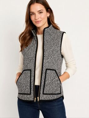 J.Crew Women’s Down Puffer Vest Size S Black White Herringbone Zip Pockets Quilt